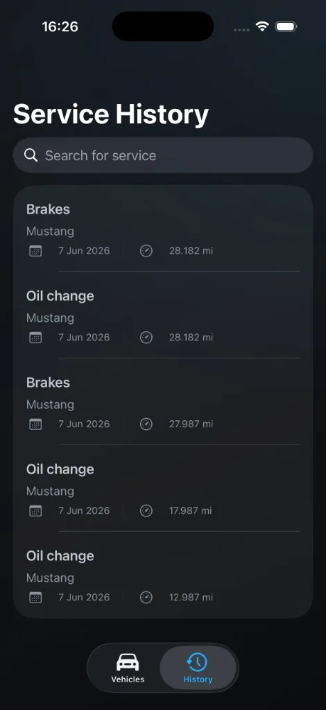 Servix service history screenshot